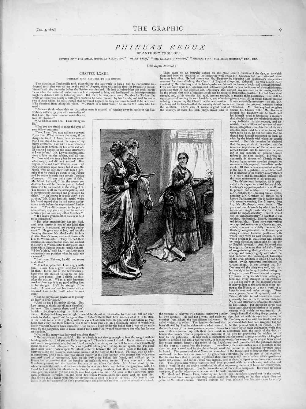 Original Old Antique Print 1874 Illustration Story Phineas Redux Ladies Man