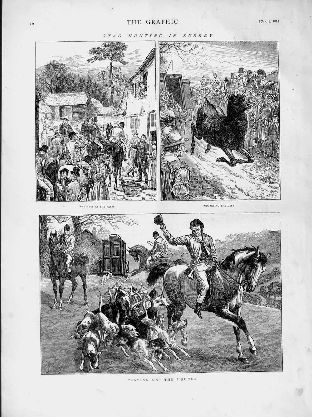 Original Old Antique Print 1874 Stag Hunting Surrey Farm Sport Horses Hounds