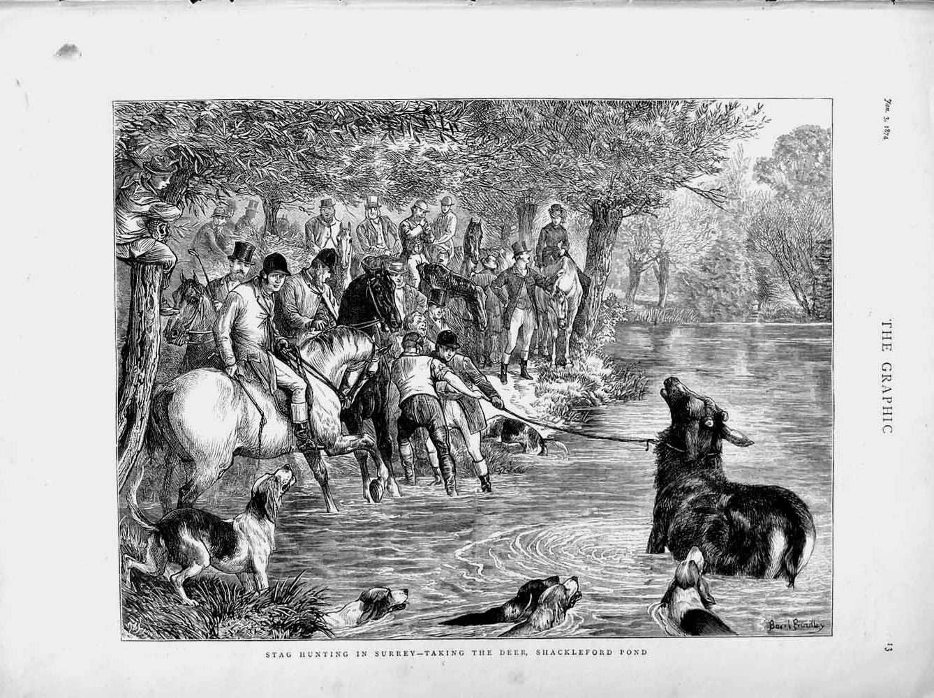 Original Old Antique Print 1874 Stag Hunting Surrey Deer Shakleford Pond Sport