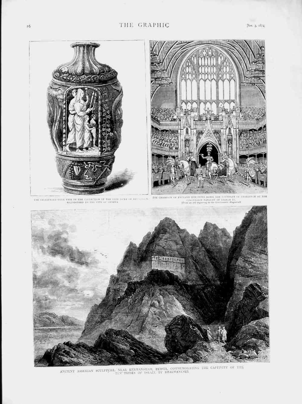 Old Antique Print 1874 Assyrian Sculpture Persia Onyx Vase Duke Brunswick 19th