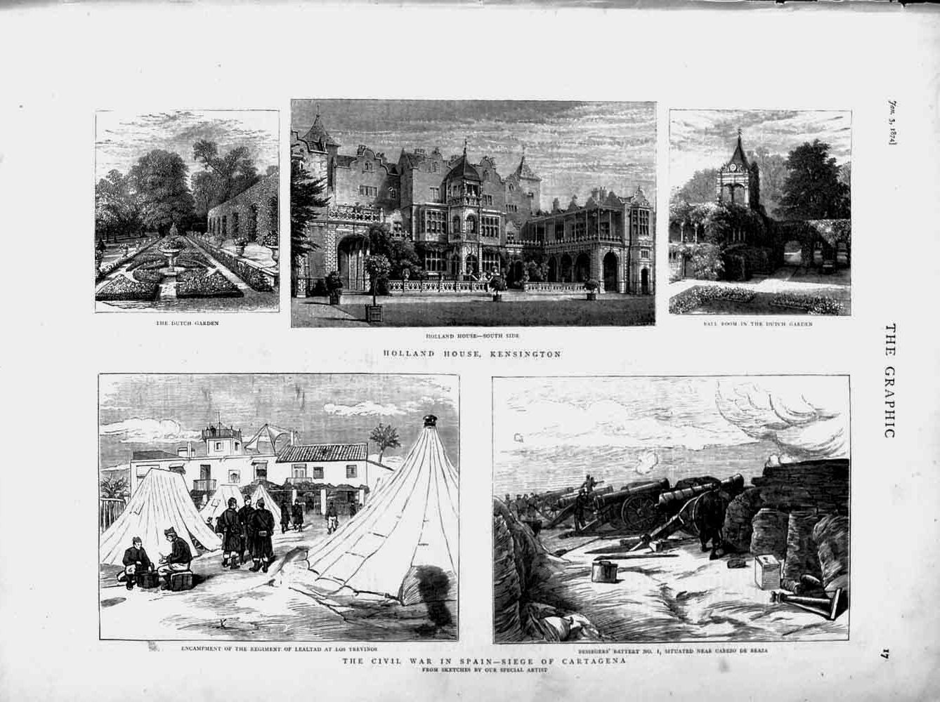 Original Old Antique Print 1874 Holland House Kensington War Spain Cartagena