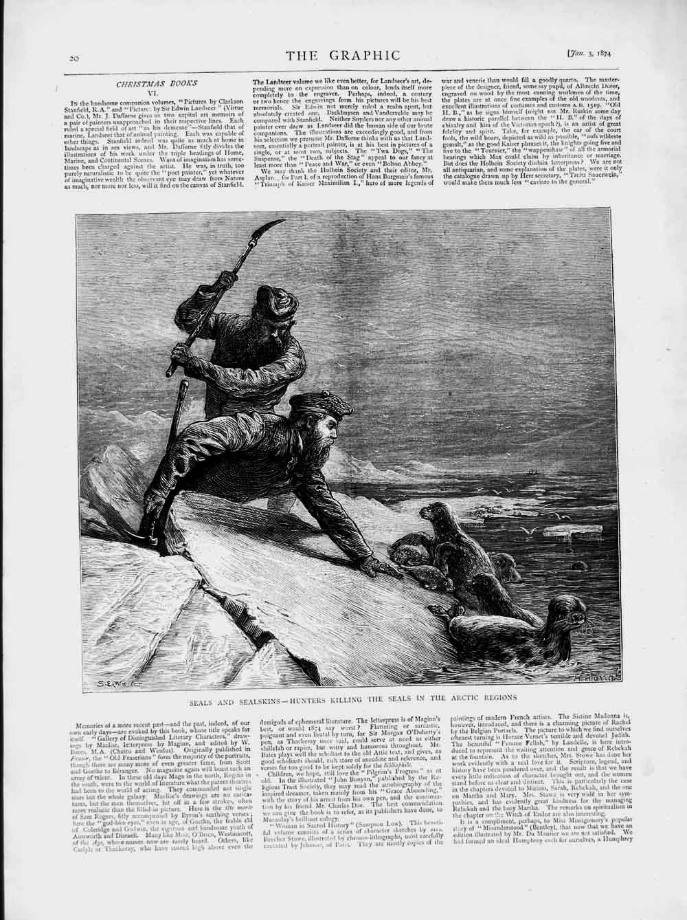 Original Old Antique Print 1874 Seals Sealskins Hunters Killing Arctic Regions