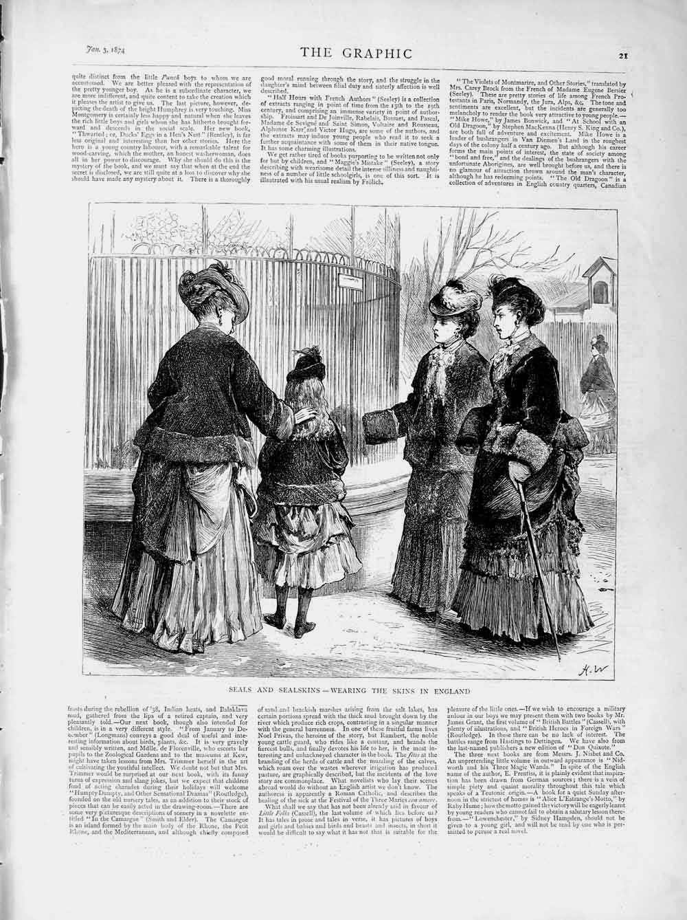 Original Old Antique Print 1874 Seals Sealskins Fur Coats Ladies Girl Fashion