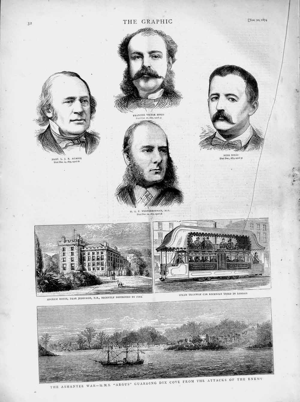 Old Antique Print 1874 Ashantee War Ship Argus Ancrum Tramway Bixio Hugo 19th
