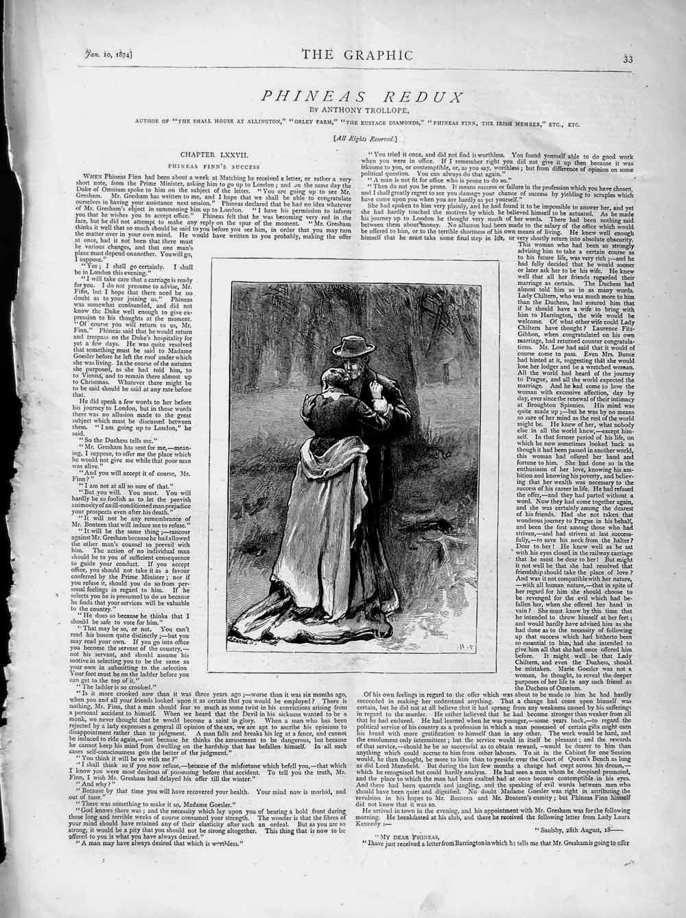 Old Antique Print 1874 Illustration Story Man Woman Romance Phineas Redux 19th