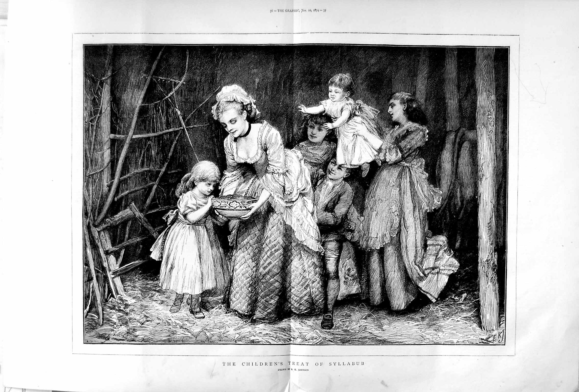 Old Antique Print 1874 Children Treat Syllabub Family Johnson Fine Art 0 19th