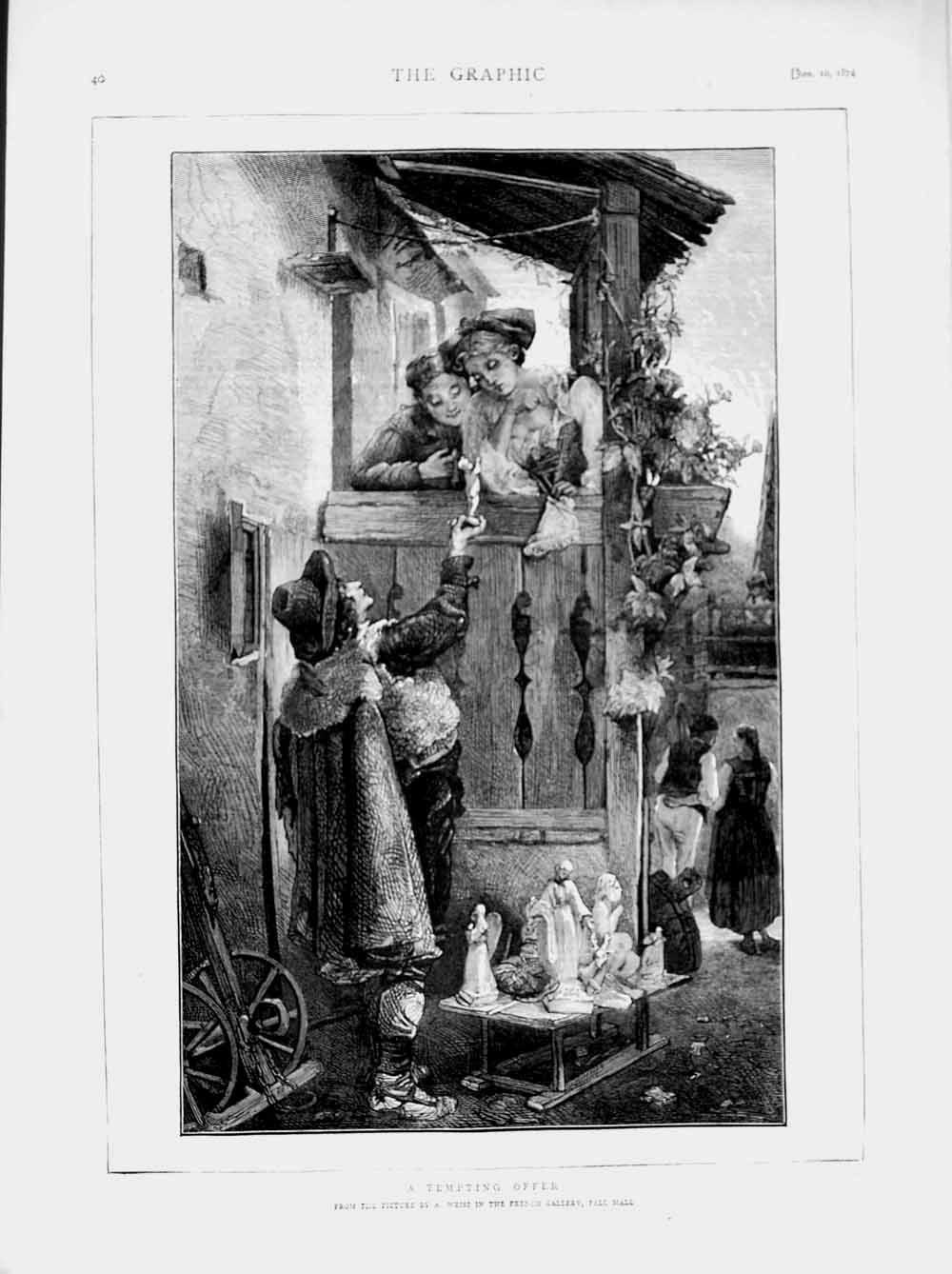 Original Old Antique Print 1874 Salesman Statues Ladies House Flowers Pall Mall