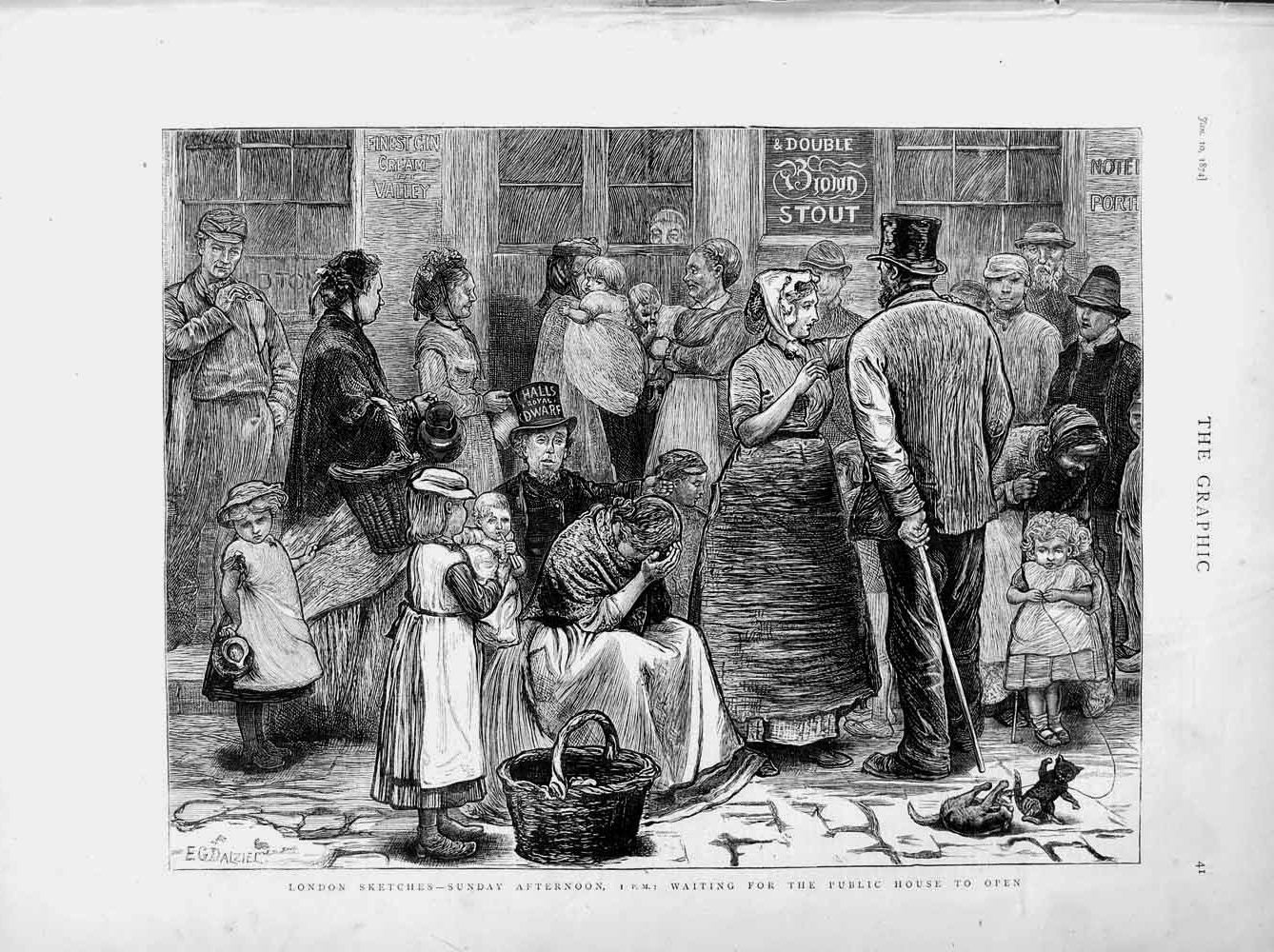 Original Old Antique Print 1874 London People Public House Children Brown Stout