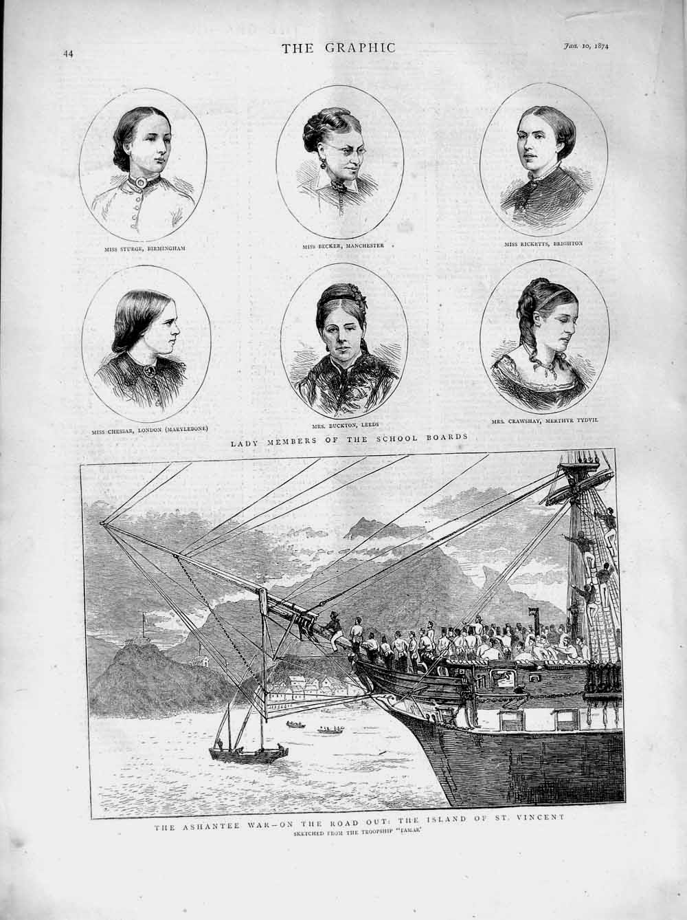 Old Antique Print 1874 Ashantee War Ship Tamar School Board Becker Ladies 19th