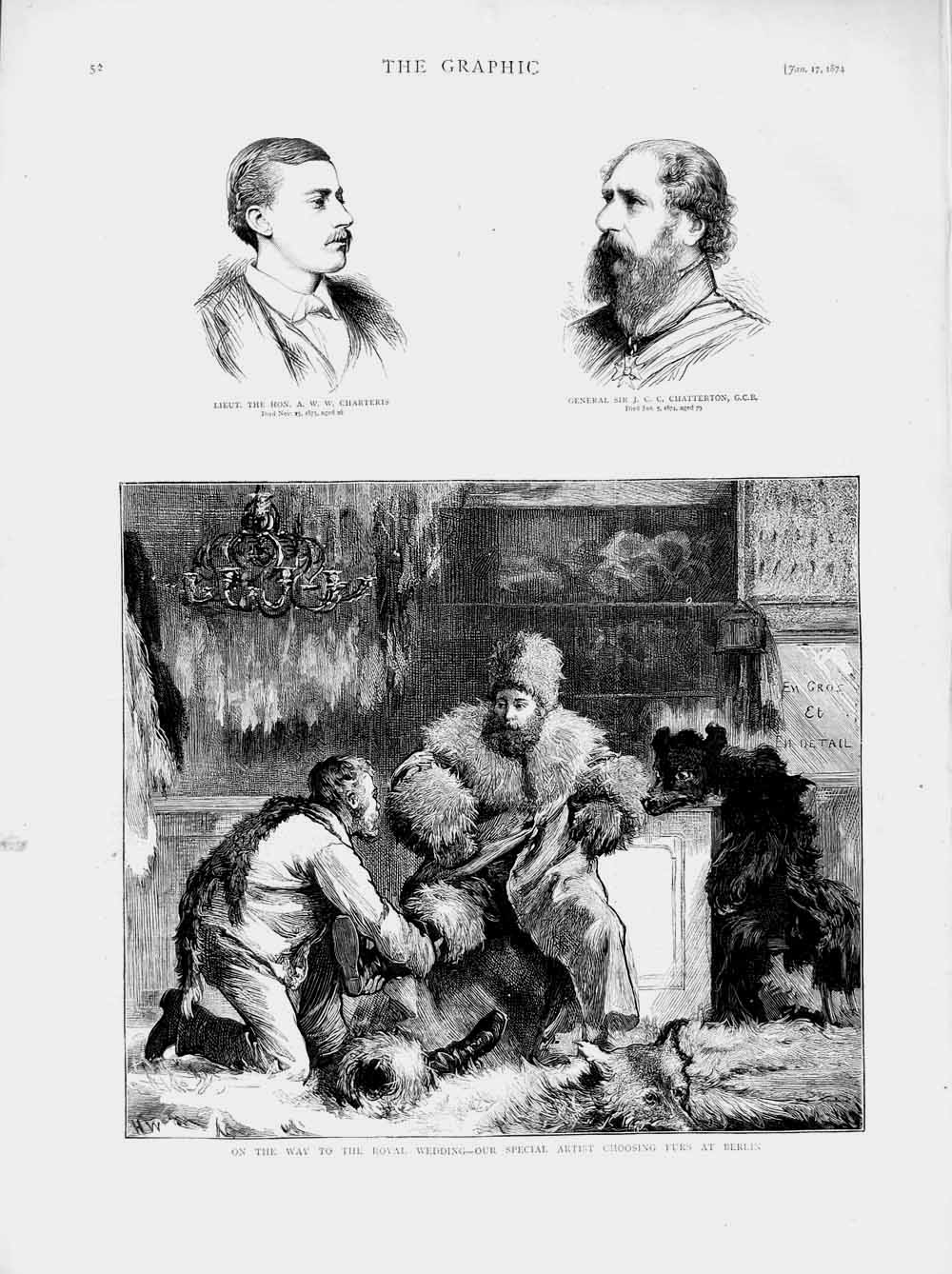 Original Old Antique Print 1874 Charteris General Chatterton Royal Furs Berlin