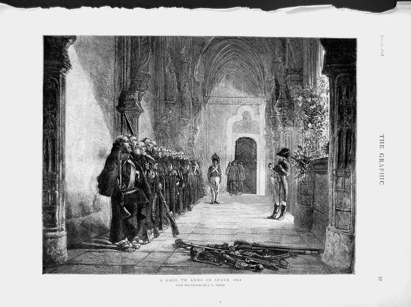 Original Old Antique Print 1874 Siers Call To Arms Spain War Fine Art Vibert