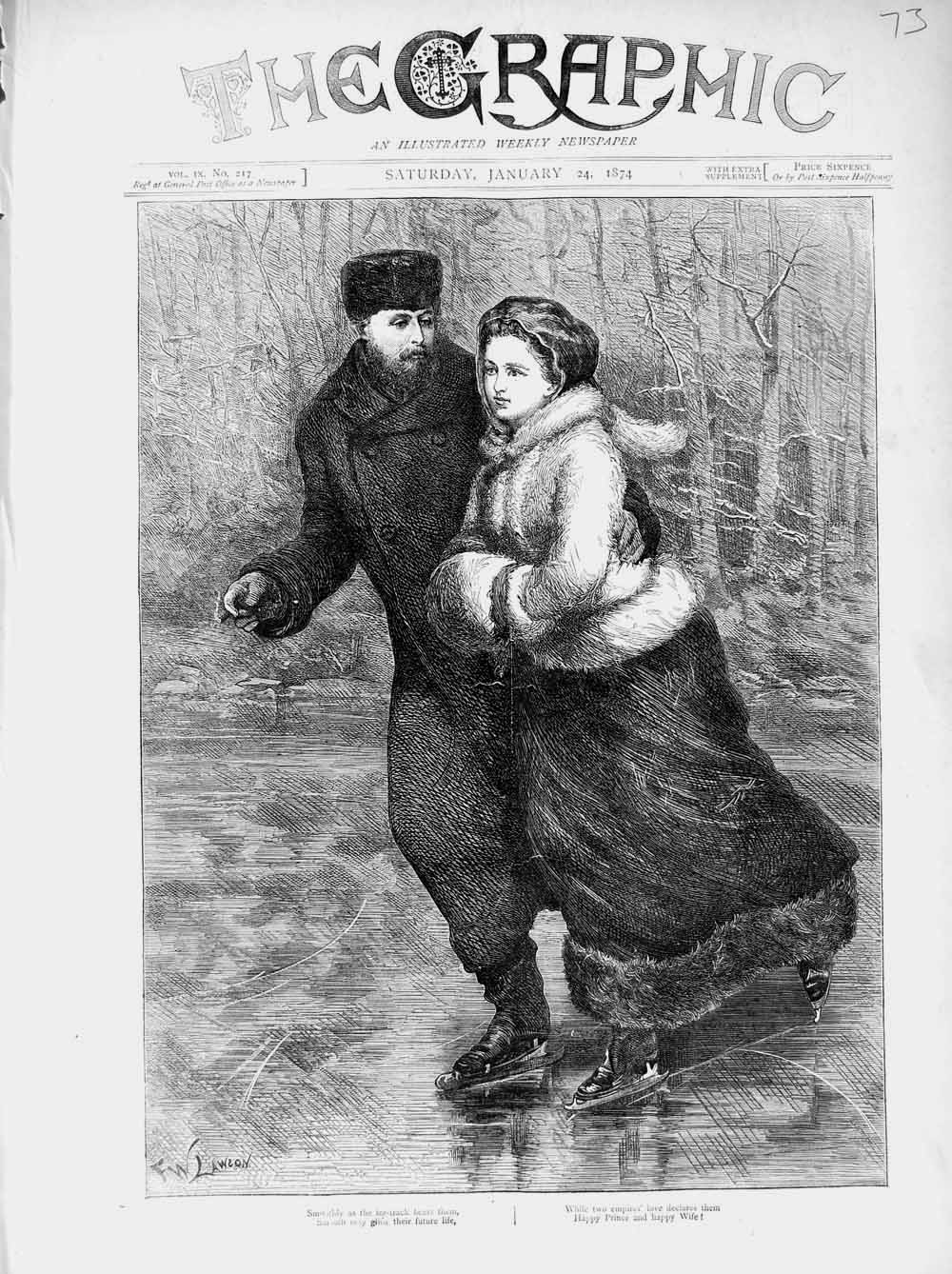 Original Old Antique Print 1874 Ice Skating Man Woman Romance Winter Victorian