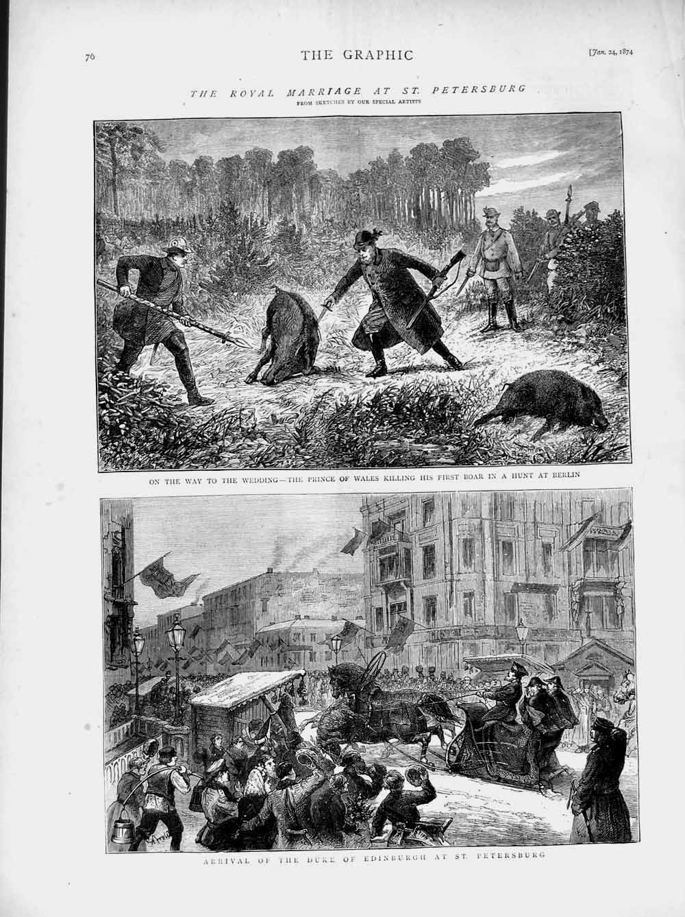 Original Old Antique Print 1874 Wedding Petersburg Prince Wales Boar Edinburgh