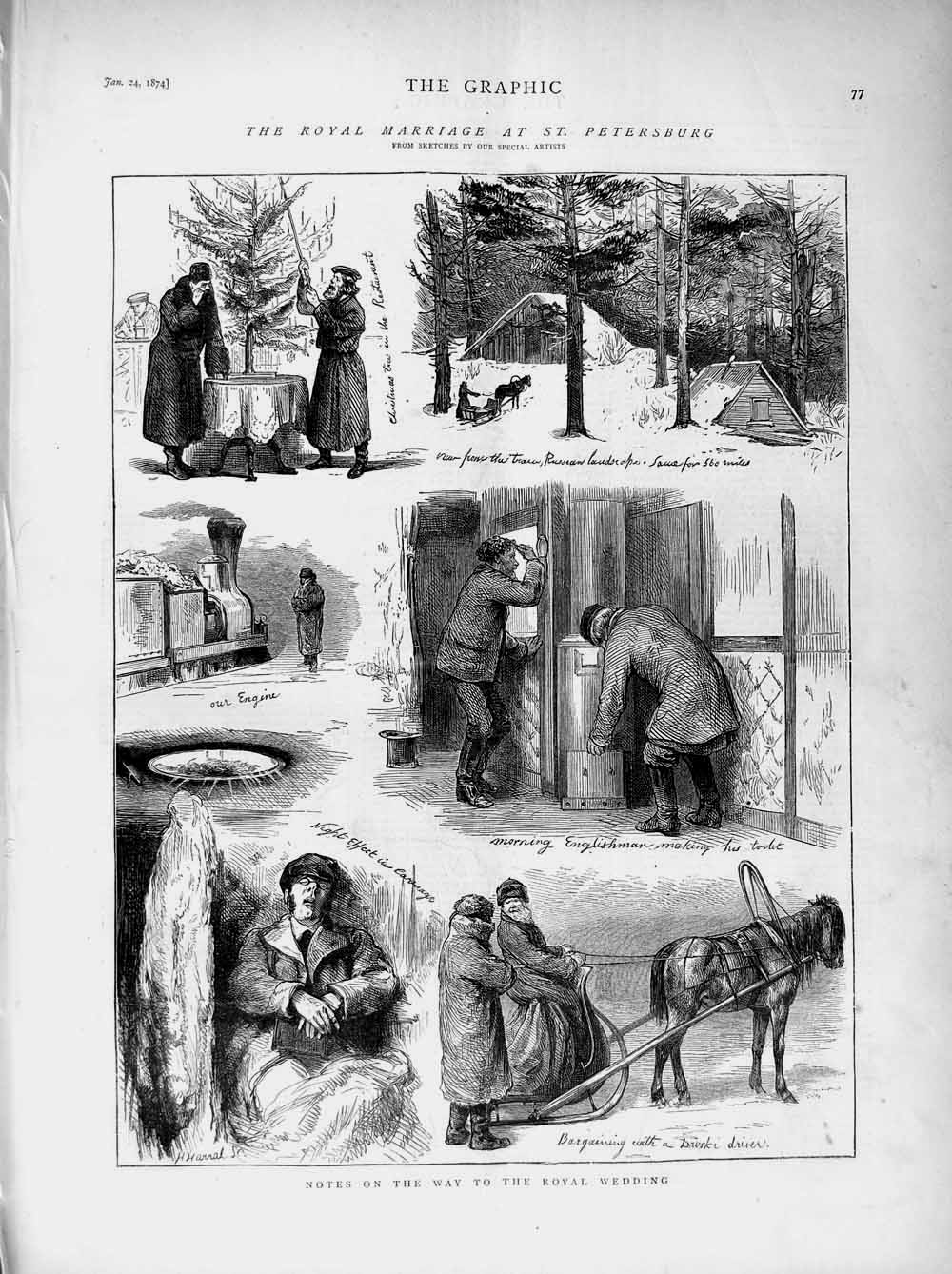 Old Antique Print 1874 Royal Wedding Petersburg Engine Train Horse Cart 19th