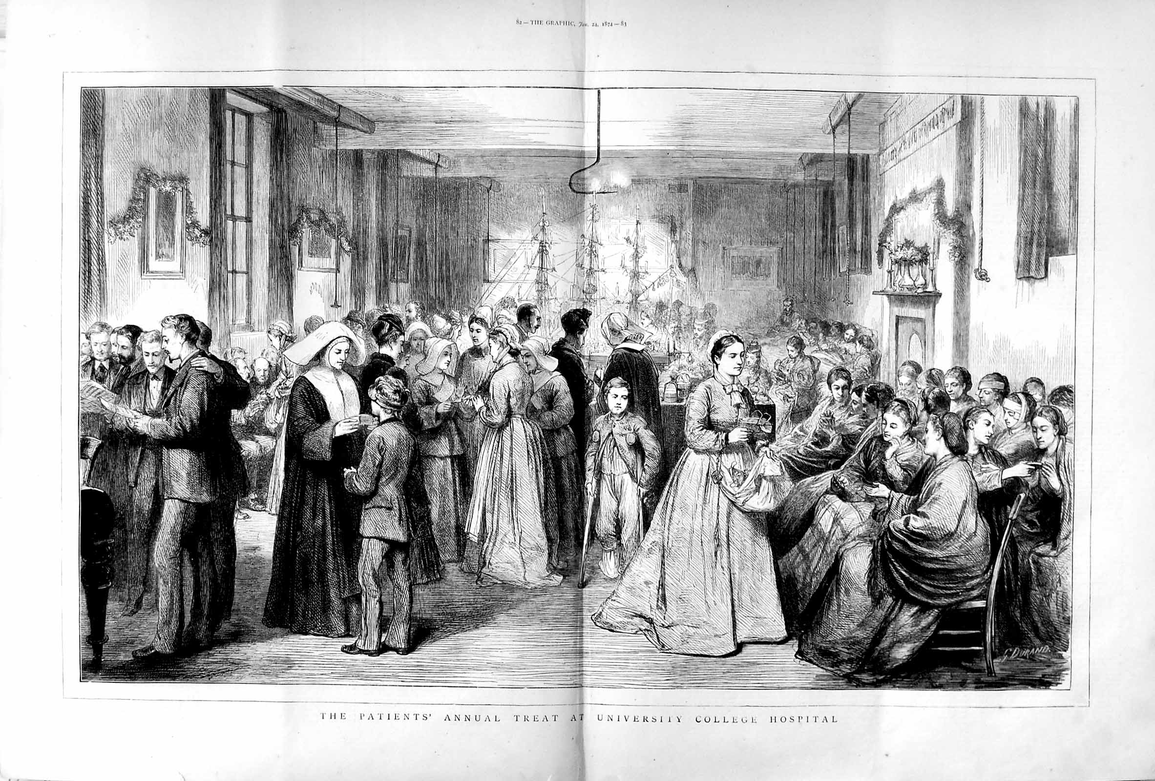 Old Antique Print 1874 University College Hospital Annual Treat Patients 0 19th