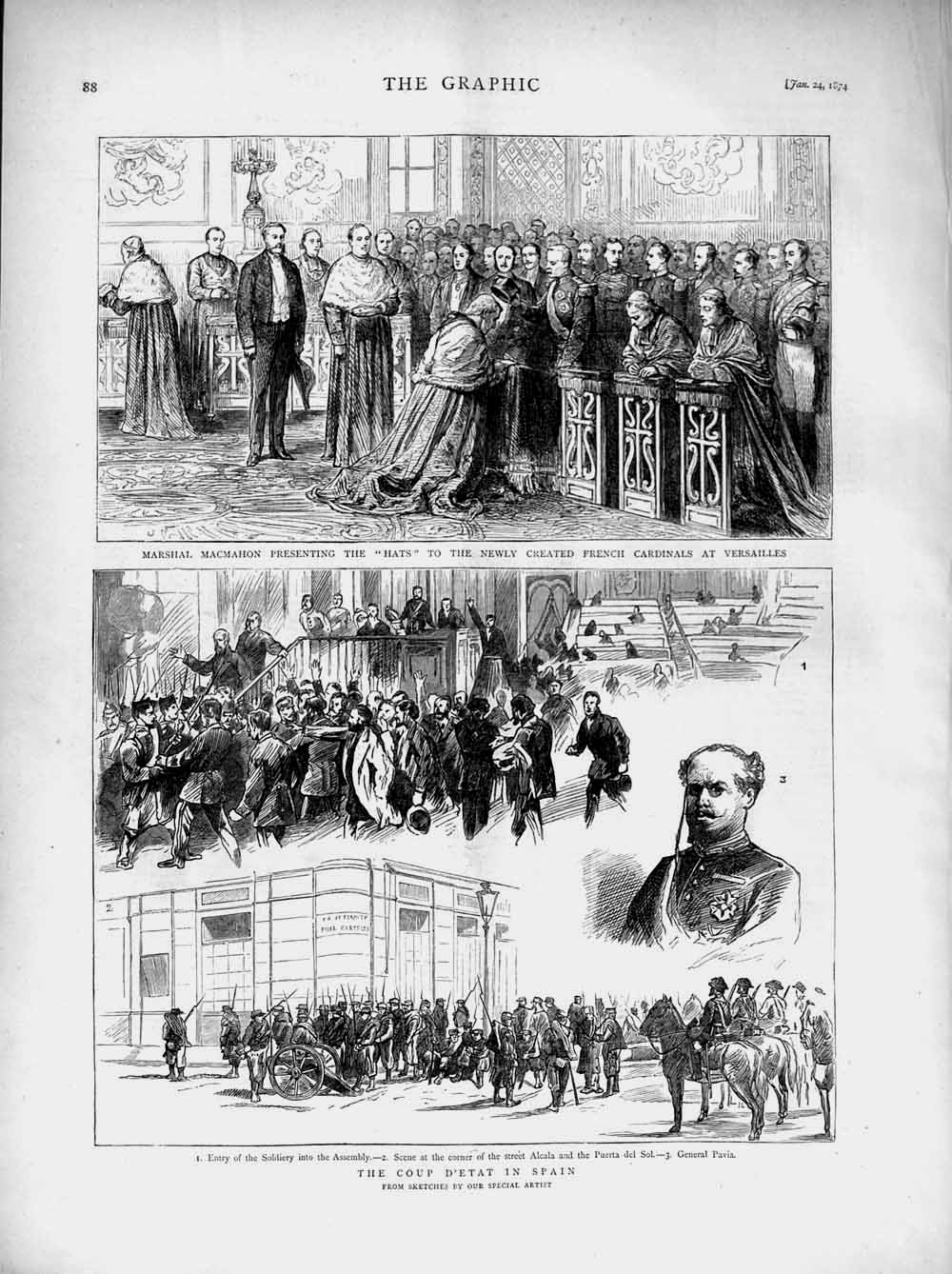Old Antique Print 1874 Coup D'Etat Spain Alcala Pavia Macmahon Versailles 19th