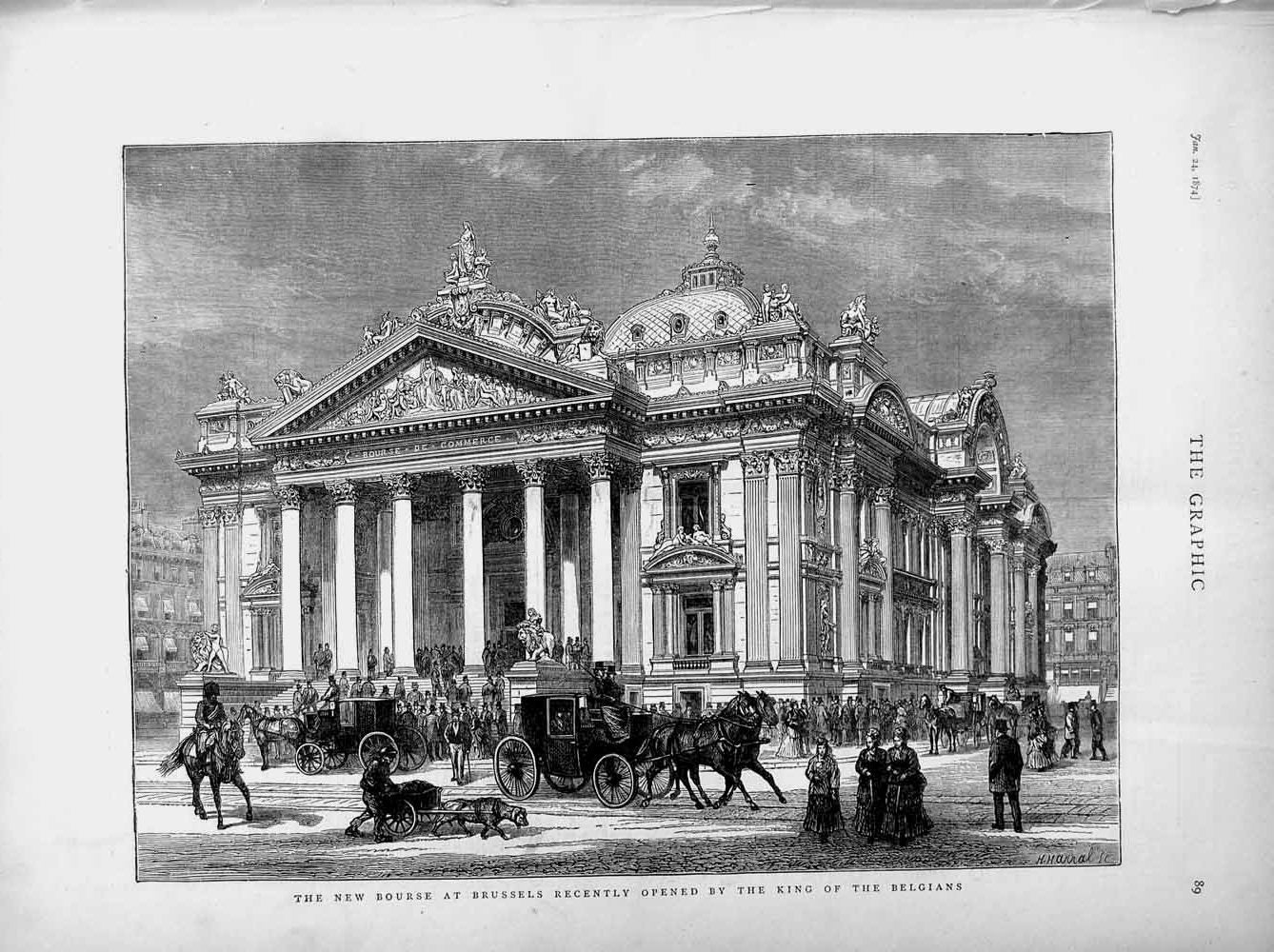 Original Old Antique Print 1874 Bourse Brussels King Belgians Architecture 19th