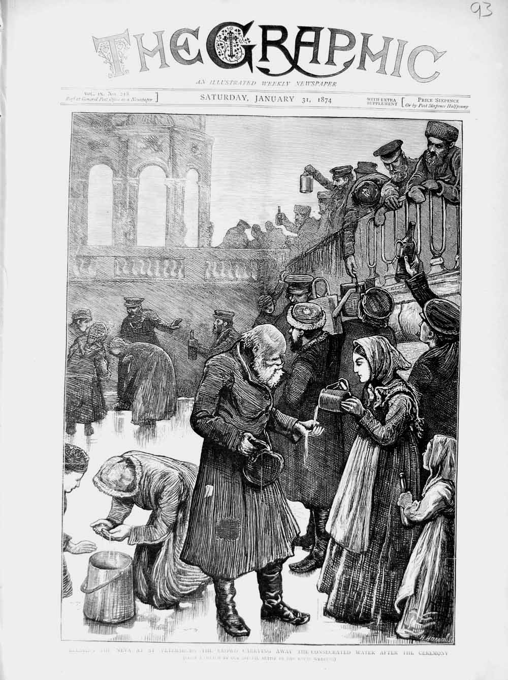Old Antique Print 1874 Neva Petersburg Consecrated Water Ceremony People 19th