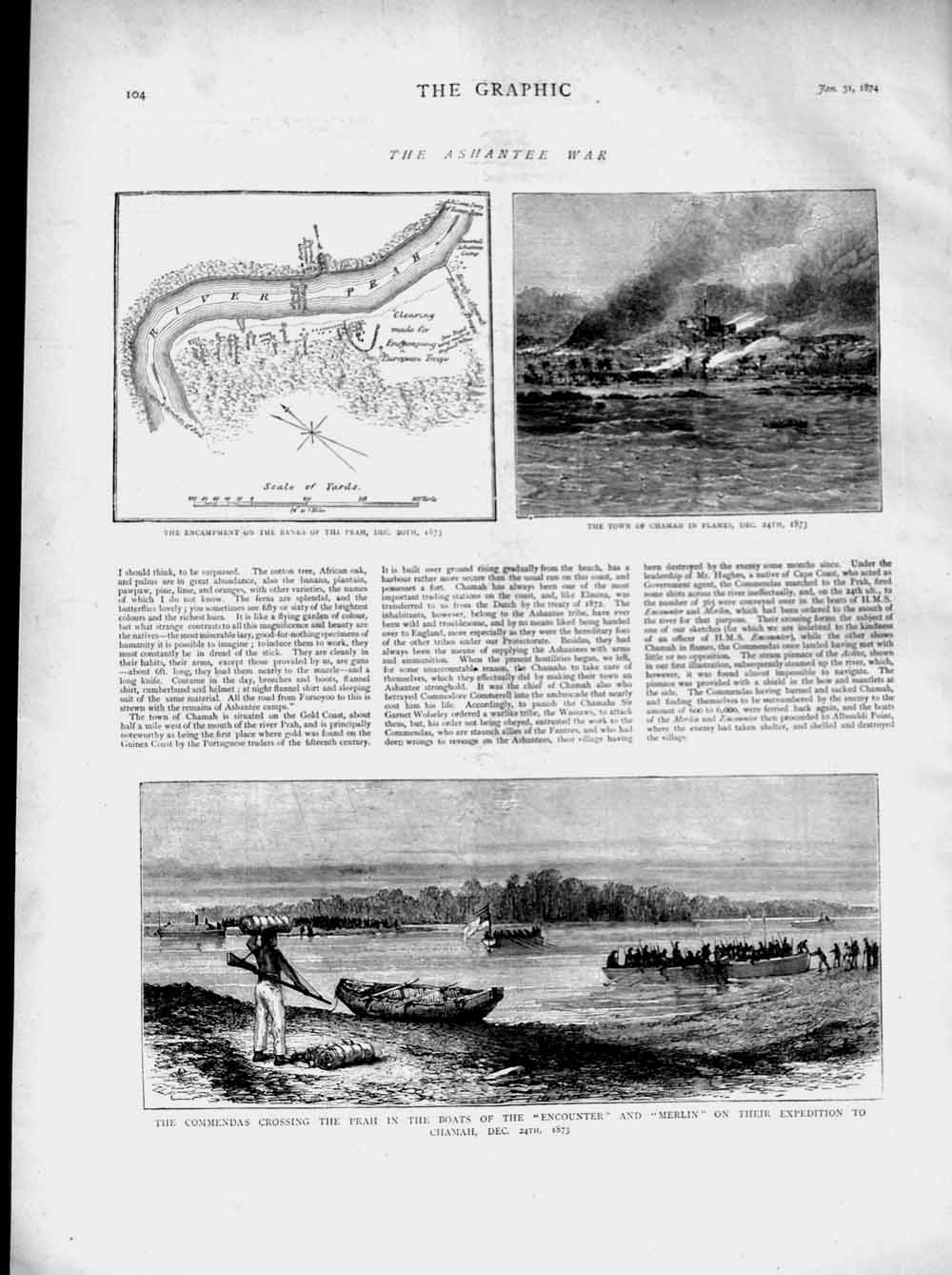 Original Old Antique Print 1874 Ashantee War River Prah Boats Encounter Merlin