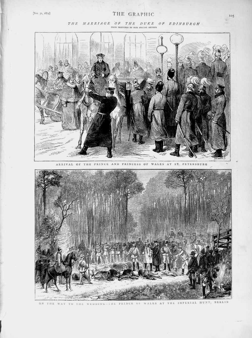Old Antique Print 1874 Wedding Duke Edinburgh Petersburg Hunting Berlin 19th
