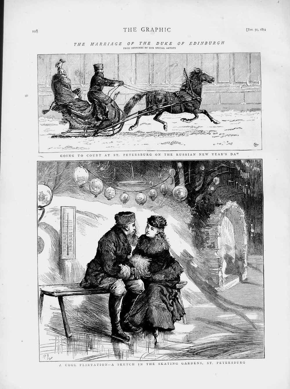 Original Old Antique Print 1874 Wedding Duke Edinburgh Petersburg Ice Skating