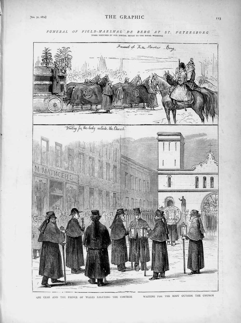 Original Old Antique Print 1874 Czar Prince Wales Funeral De Berg Petersburg