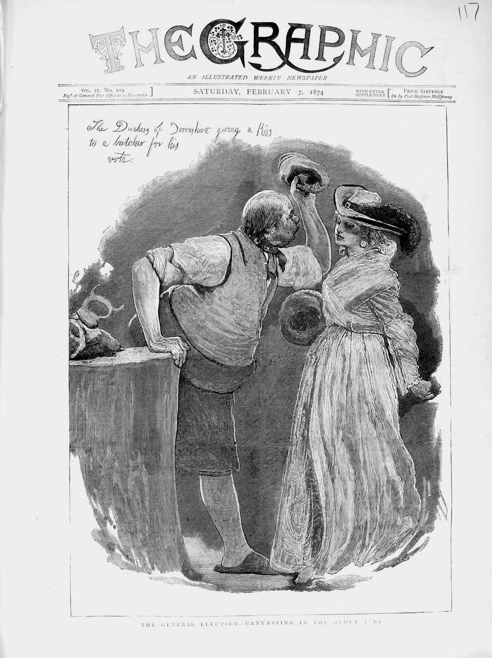 Original Old Antique Print 1874 General Election Duchess Devonshire Butcher Man