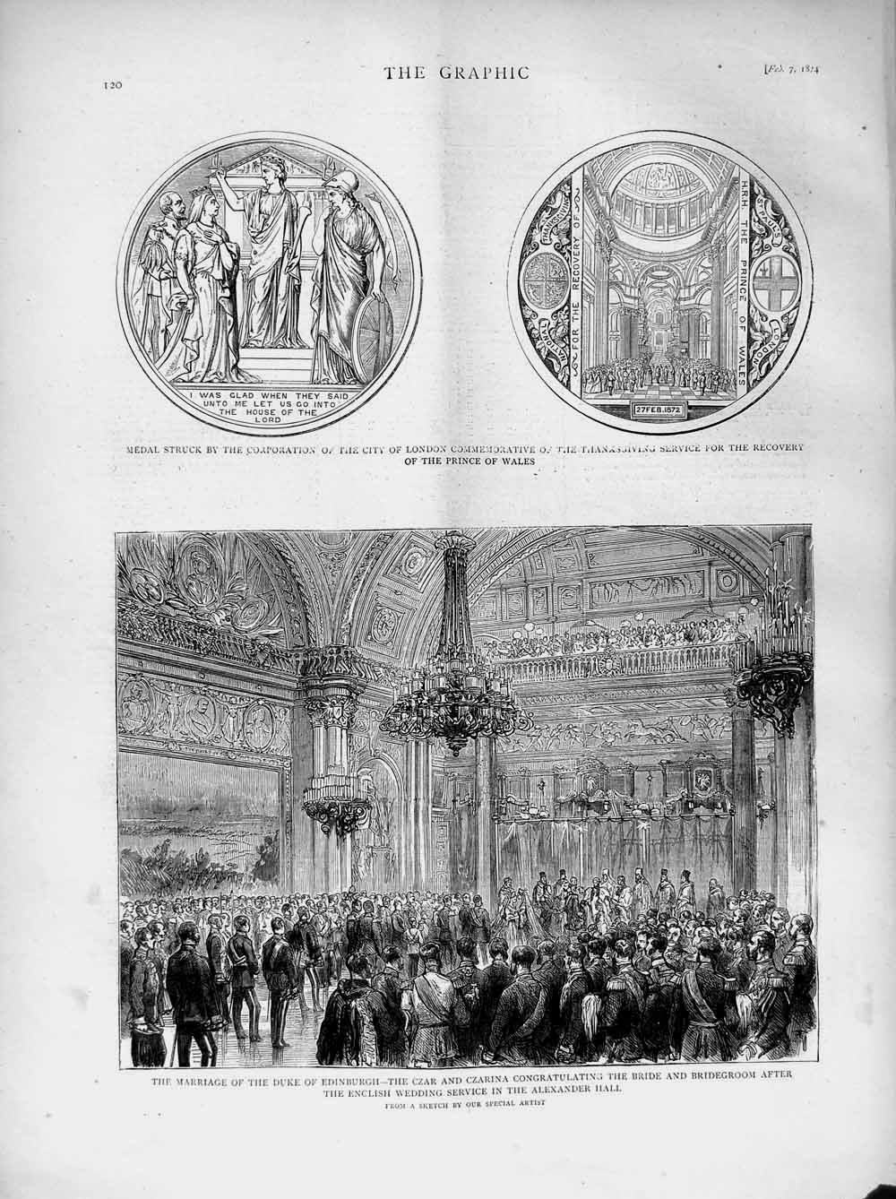 Old Antique Print 1874 Wedding Duke Edinburgh Czar Alexander Hall Medal 19th