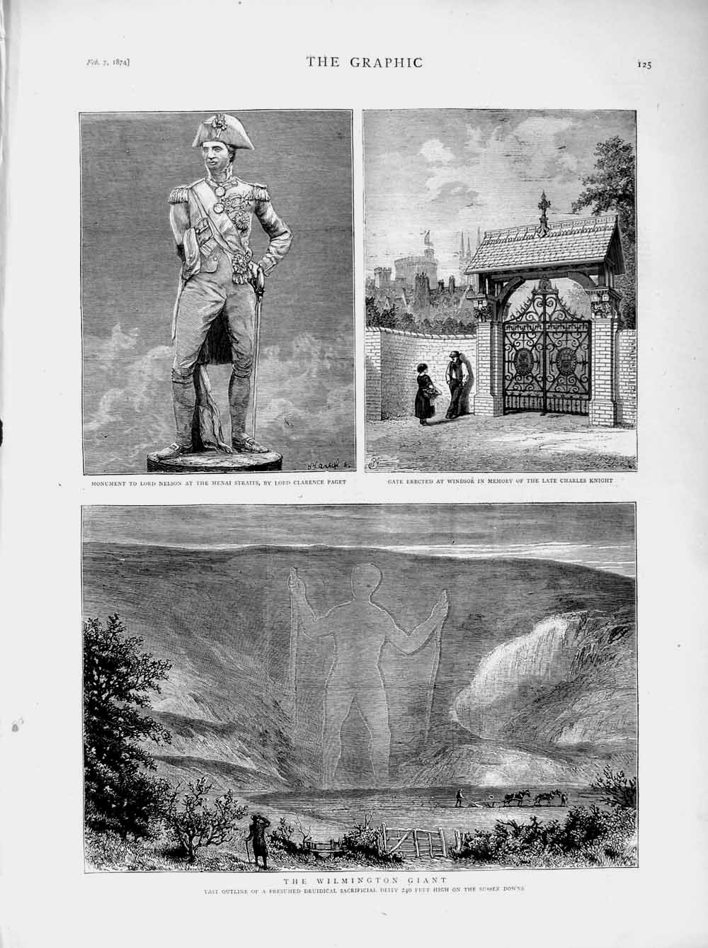 Original Old Antique Print 1874 Wilmington Giant Druidical Sussex Nelson Knight