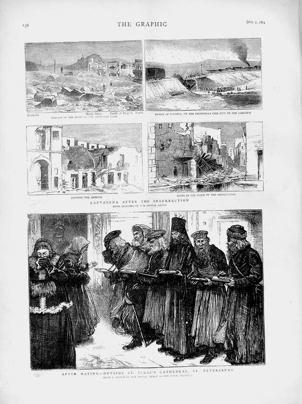 Old Antique Print 1874 Isaac Cathedral Petersburg Cartagena Insurrection 19th
