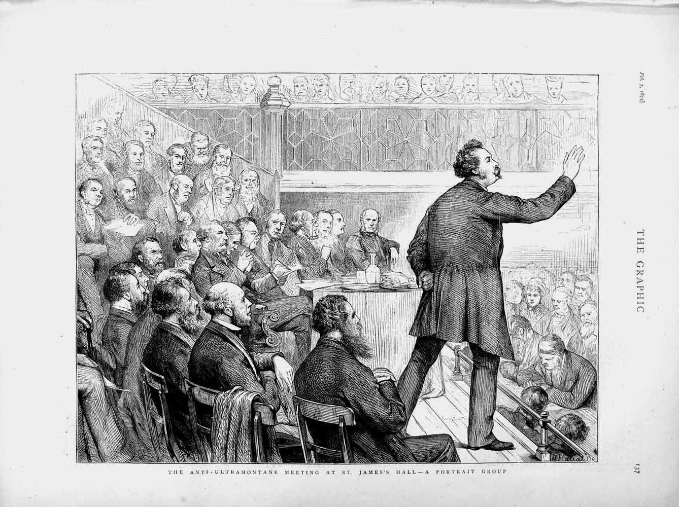 Original Old Antique Print 1874 Anti-Ultramontane Meeting St. James'S Hall Men