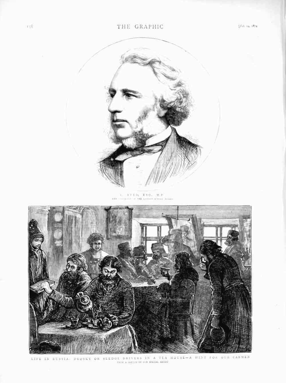 Original Old Antique Print 1874 Reed London School Board Russia Drosky Sledge