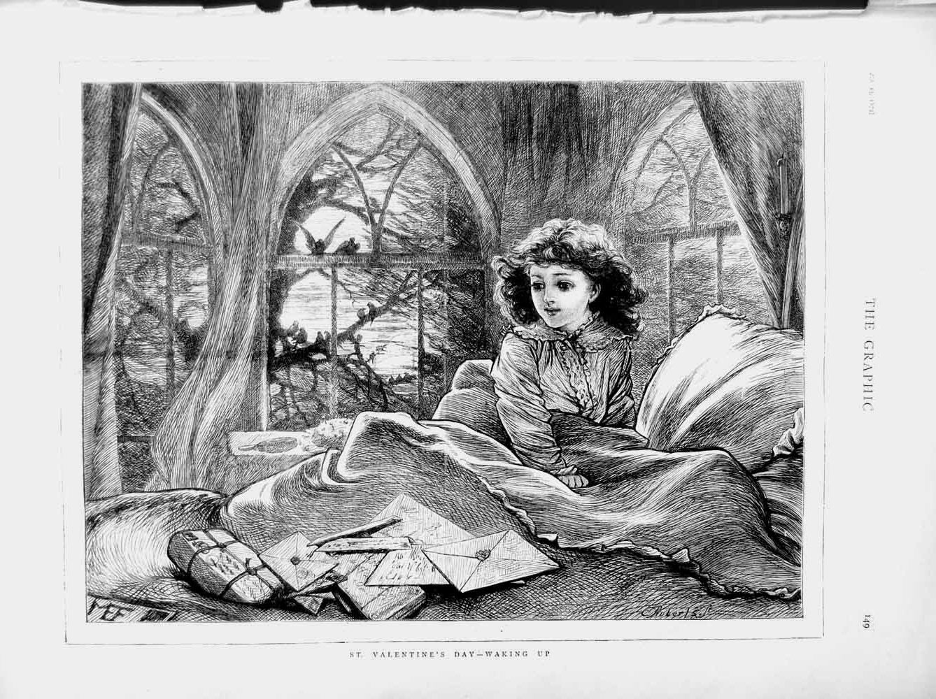 Old Antique Print 1874 Young Woman Waking Bed St. Valentines Day Letters 19th