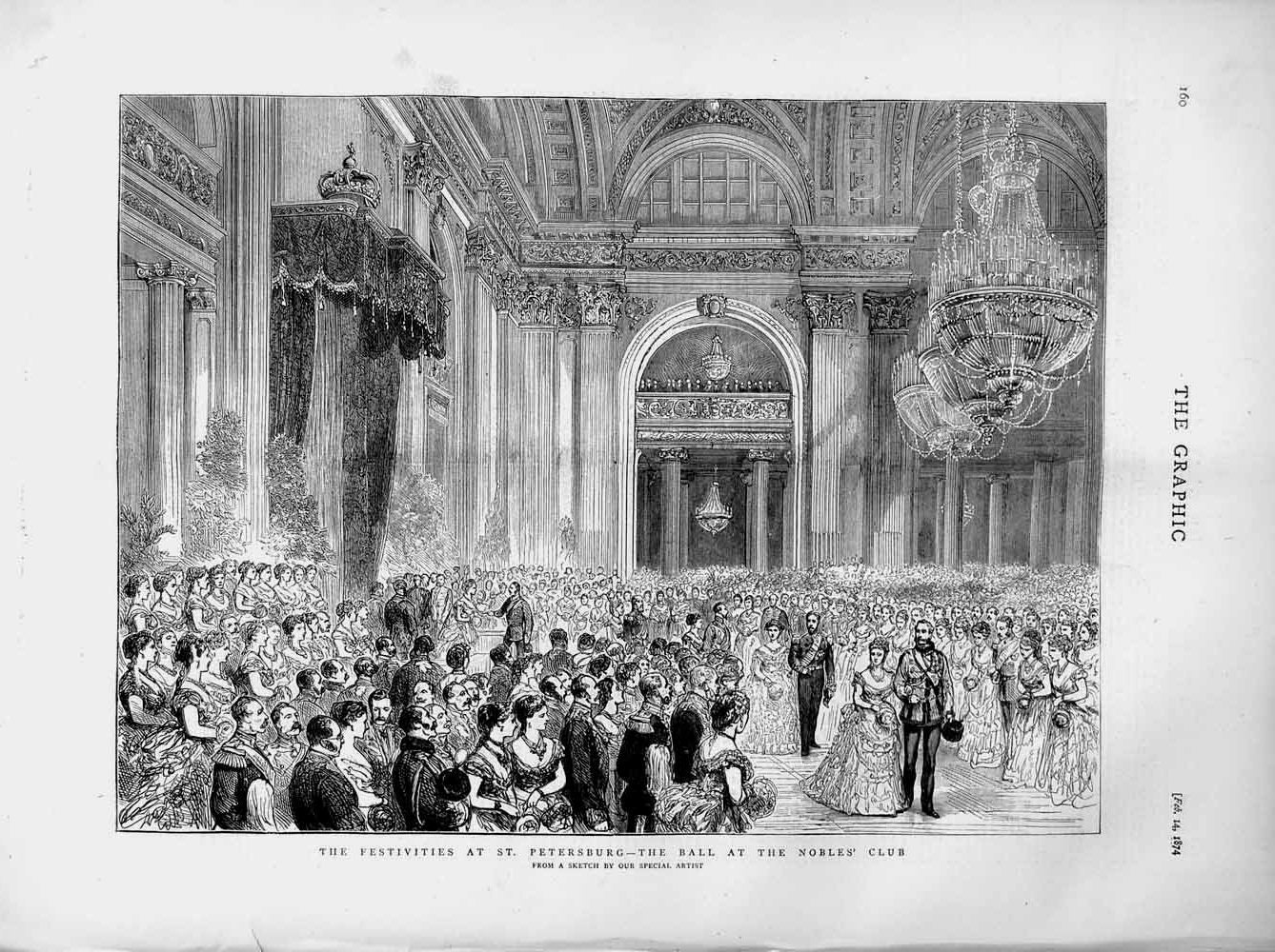 Original Old Antique Print 1874 Festivities Petersburg Ball Nobles Club Dancing