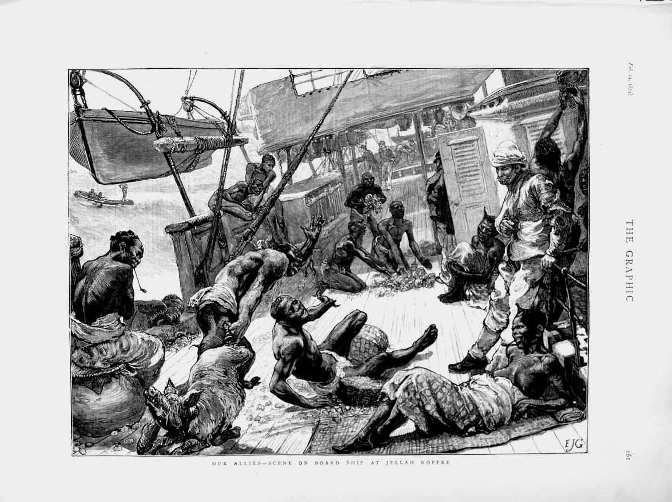 Original Old Antique Print 1874 Scene Board Ship Jellah Koffee Natives People