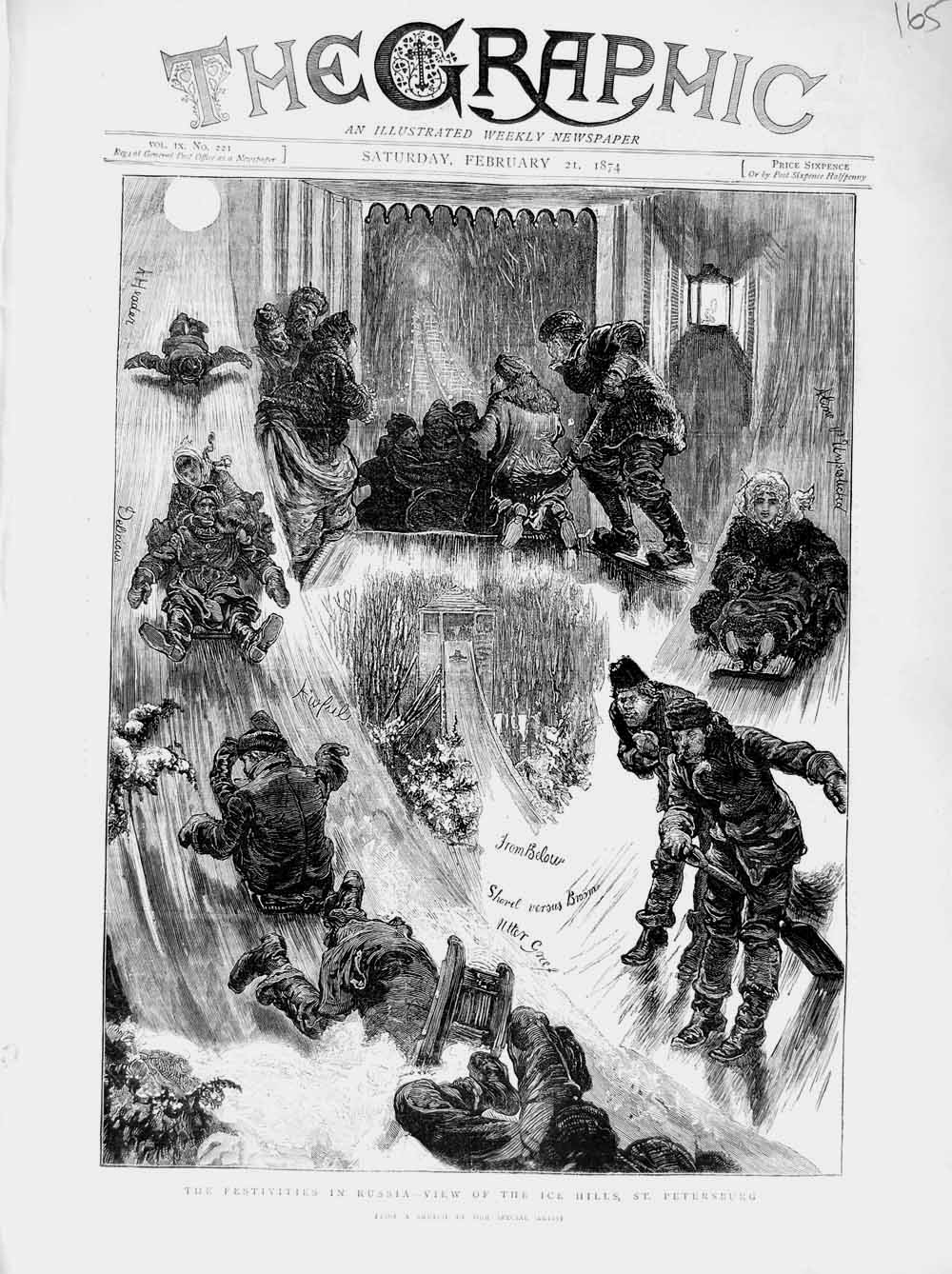 Old Antique Print 1874 Festivities Russia Ice Hills St. Petersburg Snow 19th