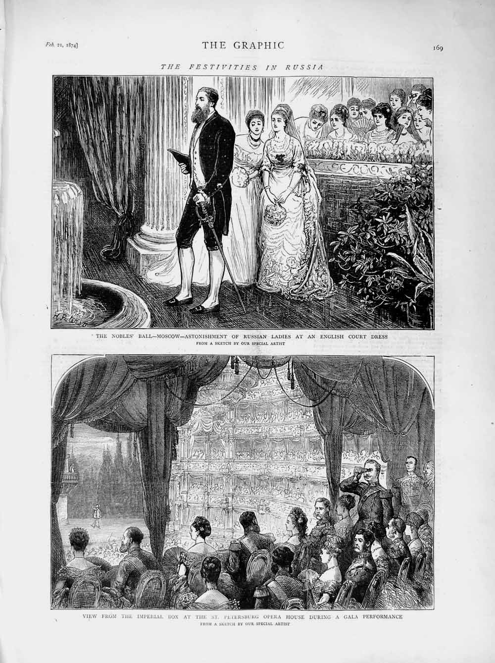 Old Antique Print 1874 Russia Petersburg Opera House Nobles Hall Moscow 19th