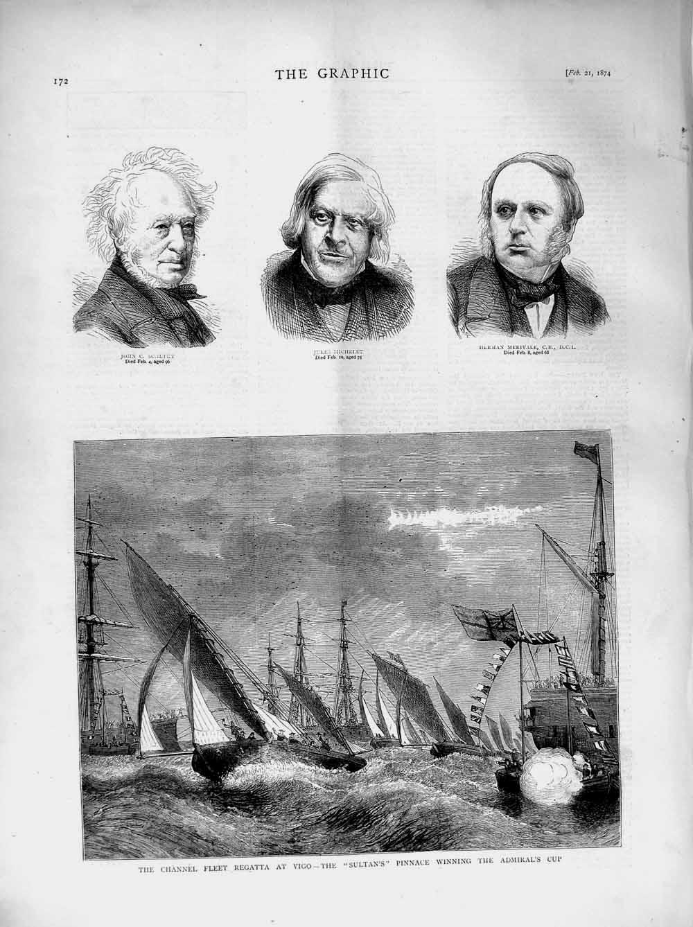 Old Antique Print 1874 Channel Ships Regatta Sultans Pinnace Merivale Men 19th