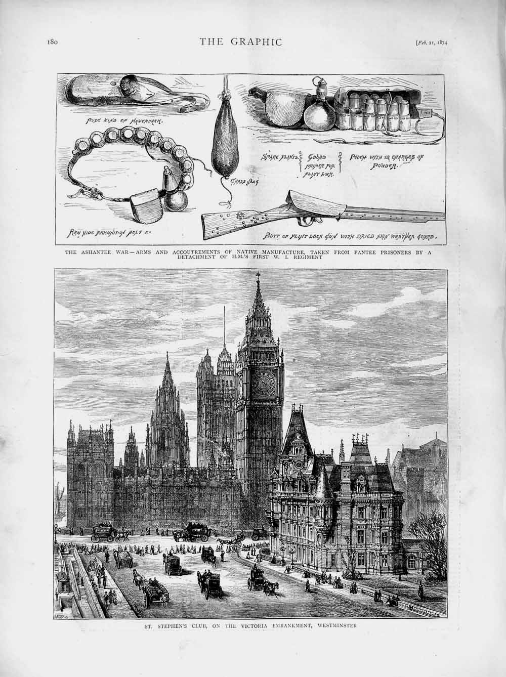 Old Antique Print 1874 St. Stephens Club Westminster Ashantee War Fantee 19th