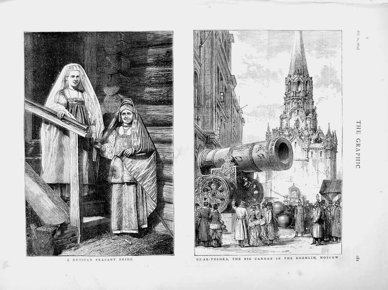 Old Antique Print 1874 Russian Peasant Czar-Pushka Canon Kremlin Moscow 19th