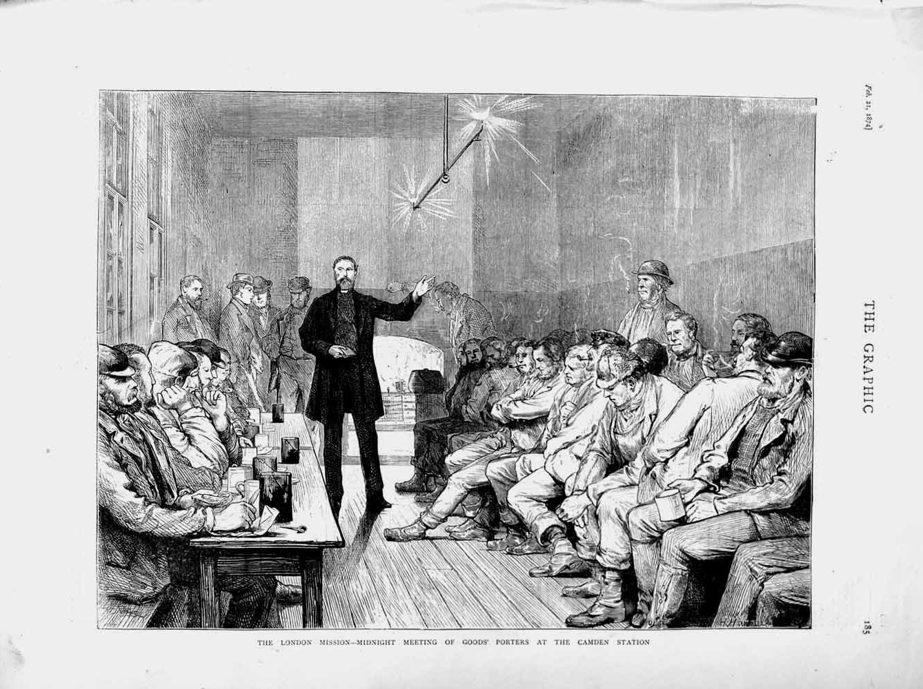 Original Old Antique Print 1874 London Mission Meeting Porters Camden Station