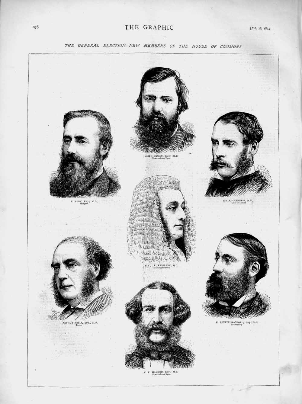 Original Old Antique Print 1874 House Commons Cowen Karslake Mills Hamond Burt