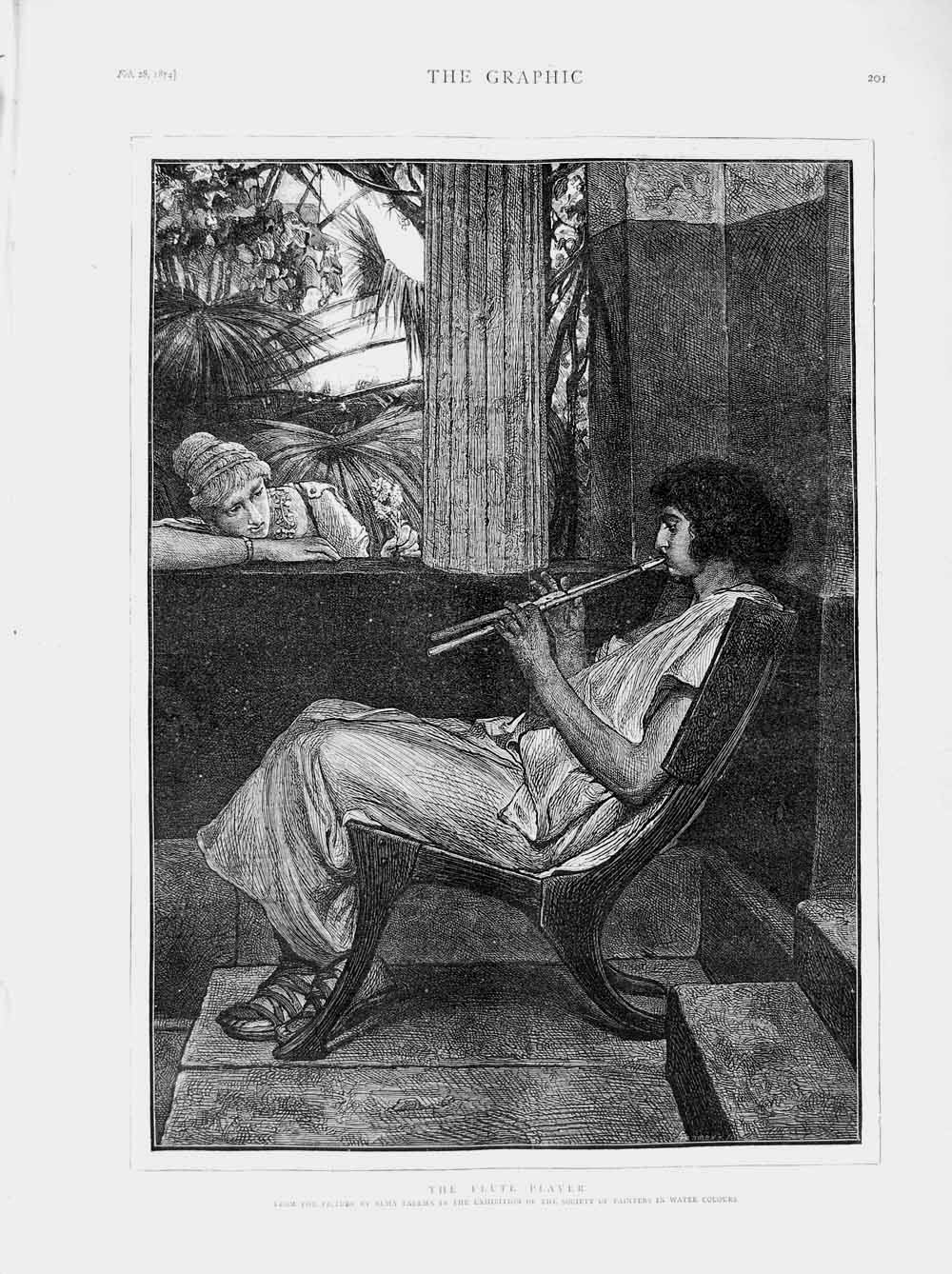 Old Antique Print 1874 Flute Player Music Man Chair Lady Alma Tadema Art 19th