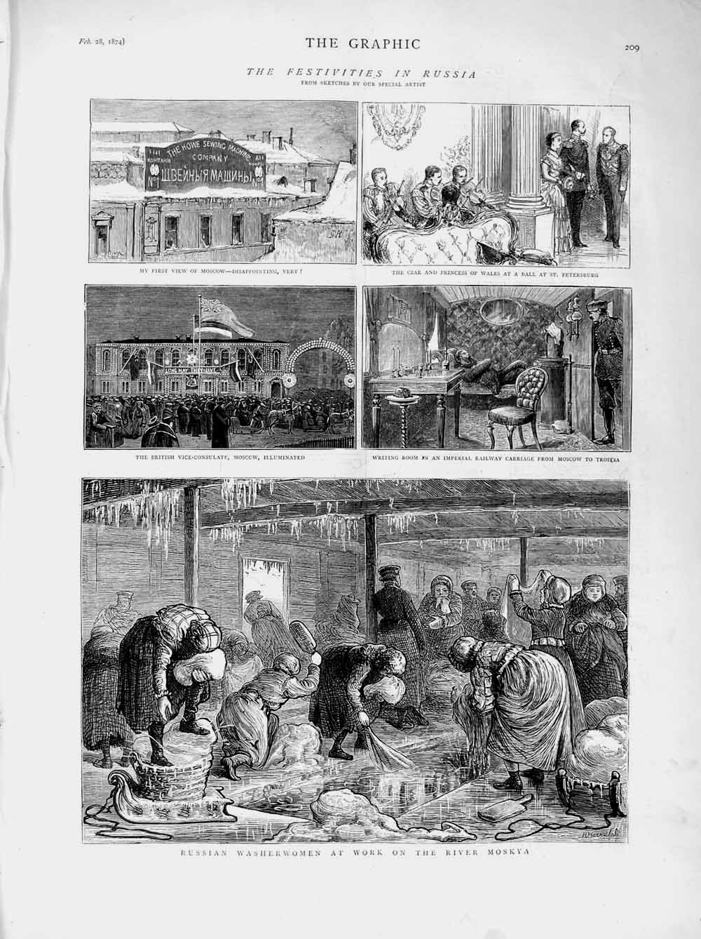 Old Antique Print 1874 Russia Washerwomen River Moskya Railway Carriage 19th