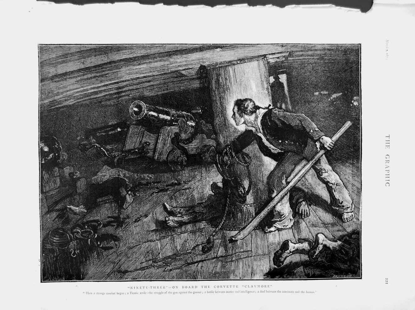Old Antique Print 1874 Corvette Ship Claymore Canon Gun War Sailors Men 19th