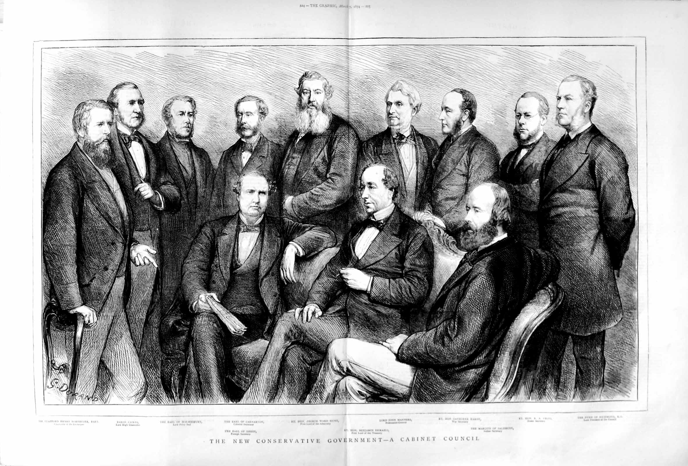 Old Antique Print 1874 Cabinet Council Conservative Hunt Manners Hardy 19th