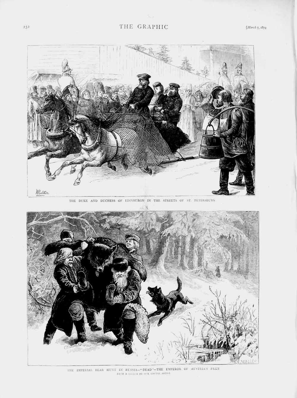 Old Antique Print 1874 Bear Hunt Russia Emperor Austria Petersburg Duke 19th