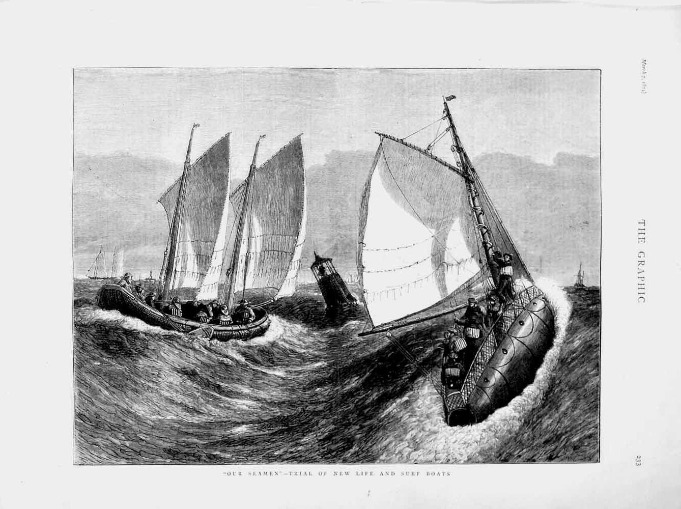 Old Antique Print 1874 British Seamen Sailing Life Surf Boats Stormy Sea 19th