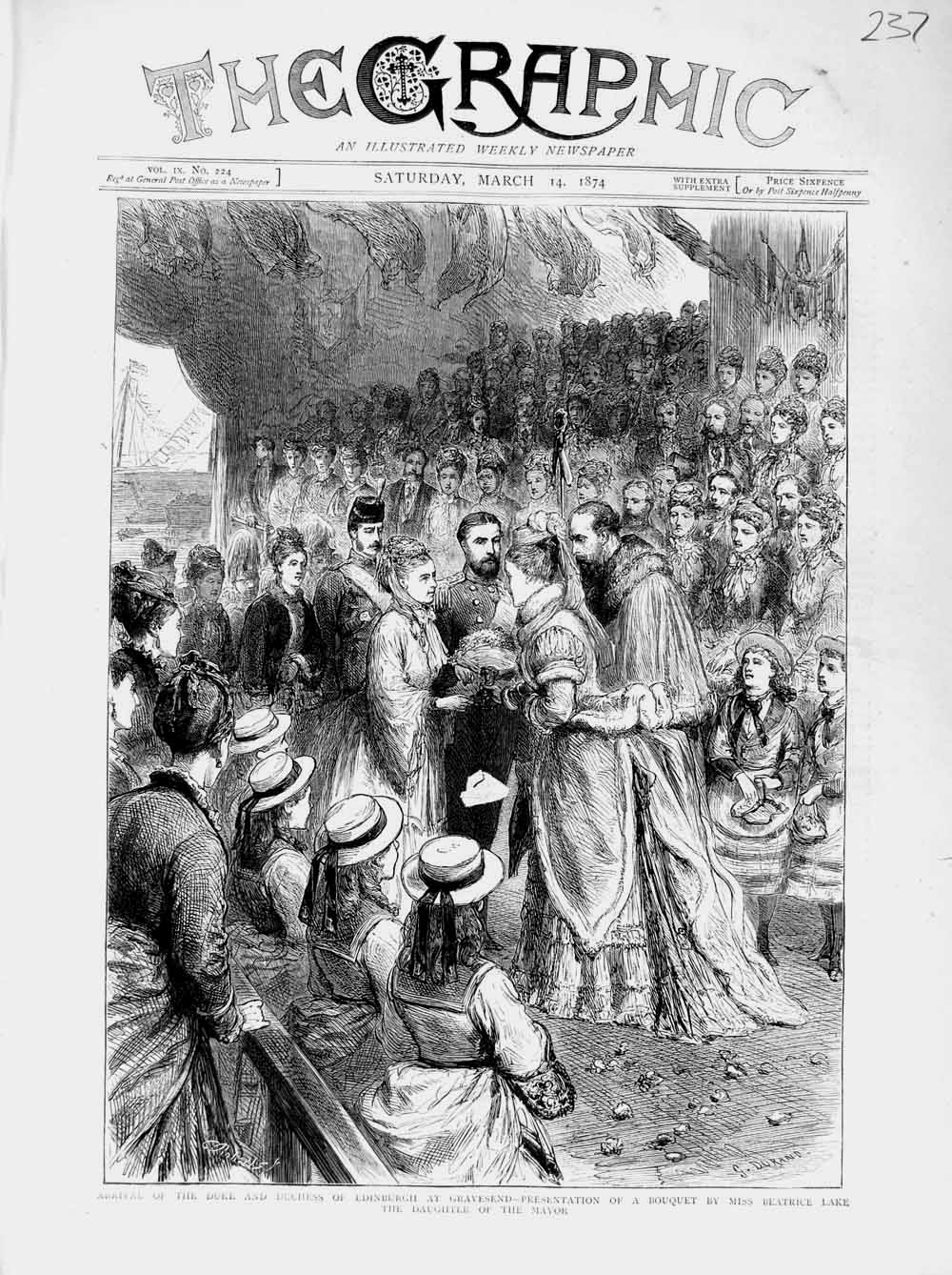 Original Old Antique Print 1874 Duke Duchess Edinburgh Gravesend Beatrice Lake