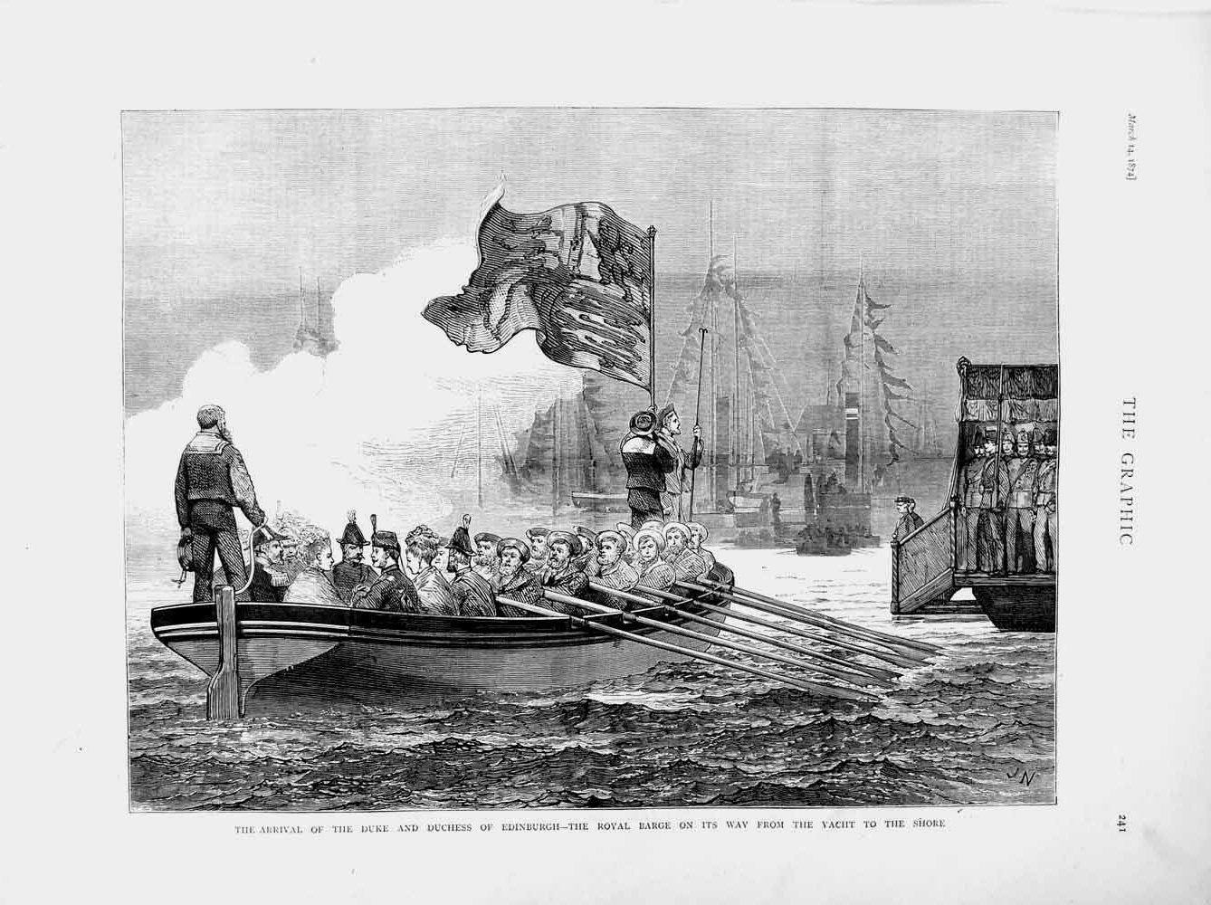 Original Old Antique Print 1874 Duke Duchess Edinburgh Royal Barge Yacht Ship